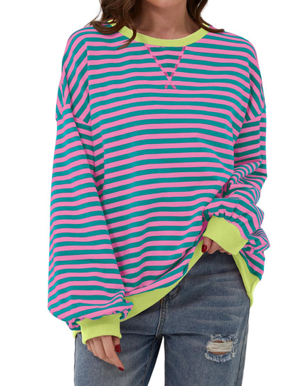 🎉 Exclusive Deal, Only Here and Now! 😲-Women's Oversized Striped Long Sleeve Pullover (Buy 2 Free Shipping)