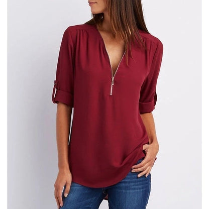 🔥2024 Summer New Arrivals🎉Plus Size Loose  3/4 Sleeve Zipper Blouse