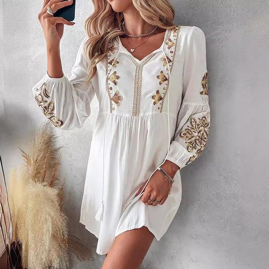 Women's Boho Floral Embroidery Tied Detail Casual Dress